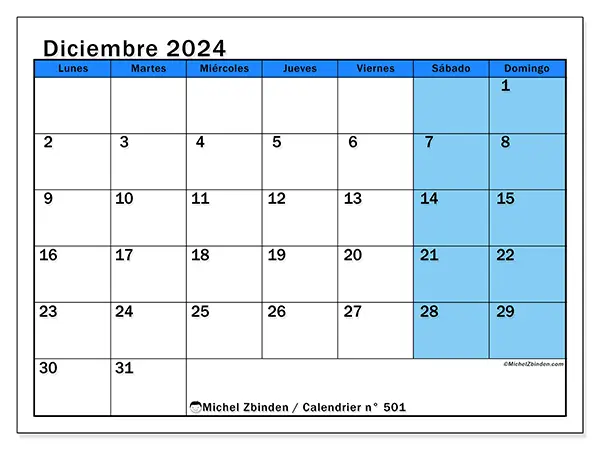 Calendario para imprimir n° 501, diciembre de 2024