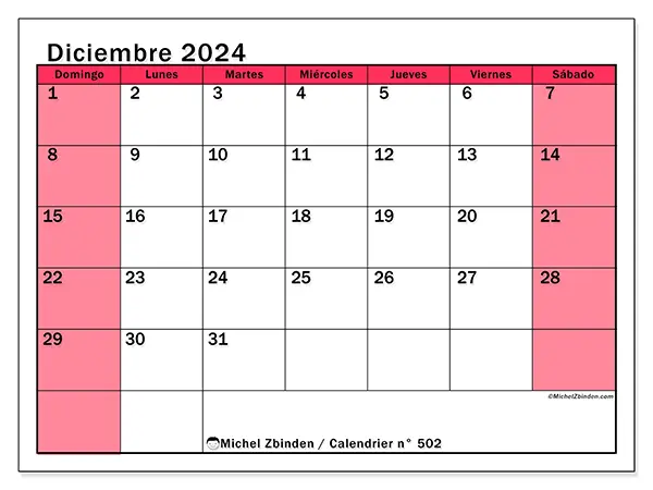 Calendario n.° 502 para diciembre de 2024 para imprimir gratis. Semana: De domingo a sábado.
