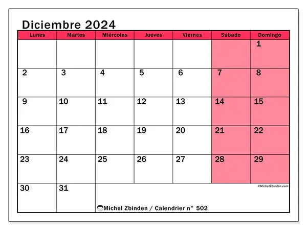 Calendario n.° 502 para diciembre de 2024 para imprimir gratis. Semana: De lunes a domingo.