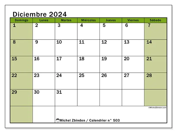 Calendario n.° 503 para diciembre de 2024 para imprimir gratis. Semana: De domingo a sábado.