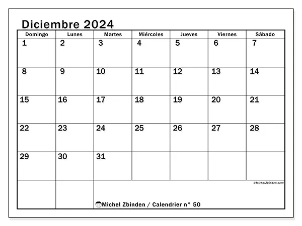 Calendario n.° 50 para diciembre de 2024 para imprimir gratis. Semana: De domingo a sábado.