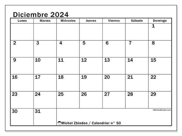 Calendario n.° 50 para diciembre de 2024 para imprimir gratis. Semana: De lunes a domingo.