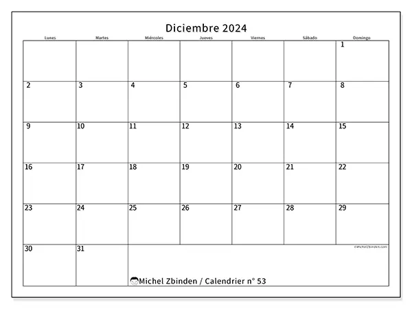 Calendario n.° 53 para diciembre de 2024 para imprimir gratis. Semana: De lunes a domingo.