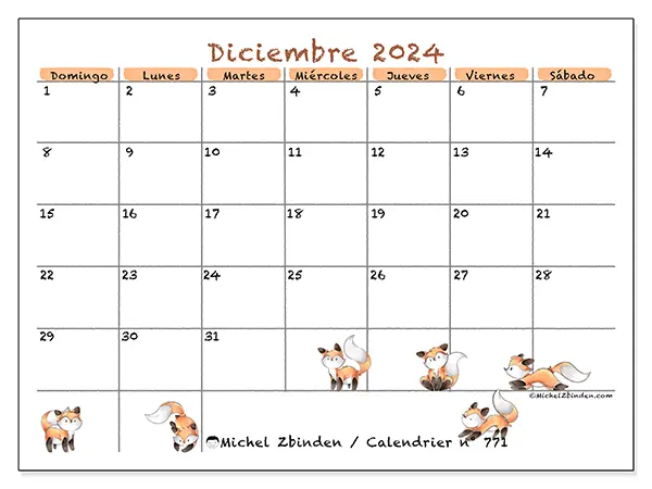 Calendario n.° 771 para diciembre de 2024 para imprimir gratis. Semana: De domingo a sábado.