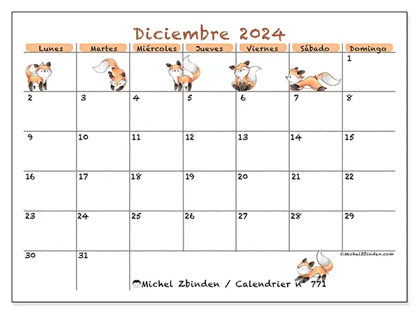 Calendario n.° 771 para diciembre de 2024 para imprimir gratis. Semana: De lunes a domingo.
