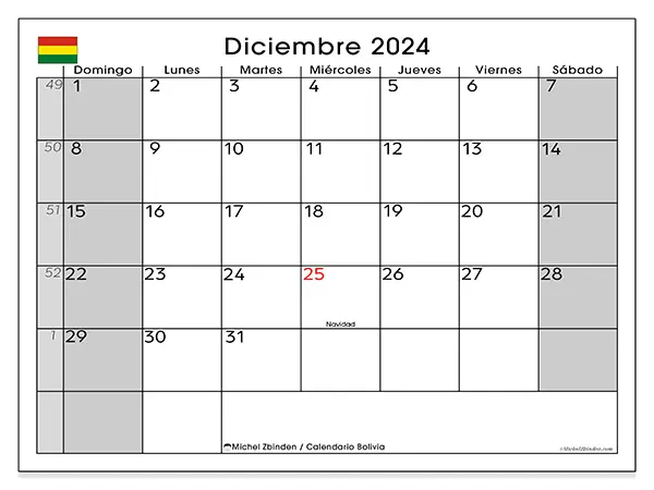 Calendario Bolivia para imprimir gratis de diciembre de 2024. Semana: De domingo a sábado.