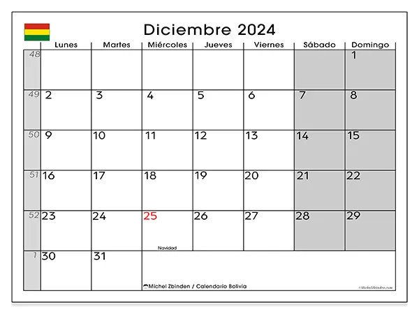 Calendario Bolivia para imprimir gratis de diciembre de 2024. Semana: De lunes a domingo.