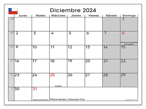 Calendario Chile para imprimir gratis de diciembre de 2024. Semana: De lunes a domingo.