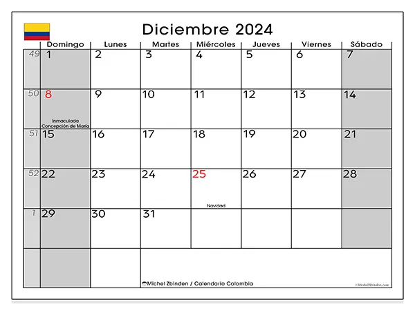 Calendario Colombia para imprimir gratis de diciembre de 2024. Semana: De domingo a sábado.