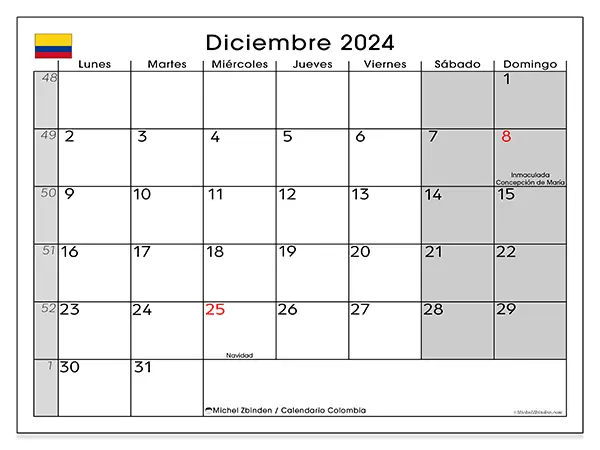 Calendario de Colombia para imprimir gratis, diciembre 2025. Semana:  De lunes a domingo