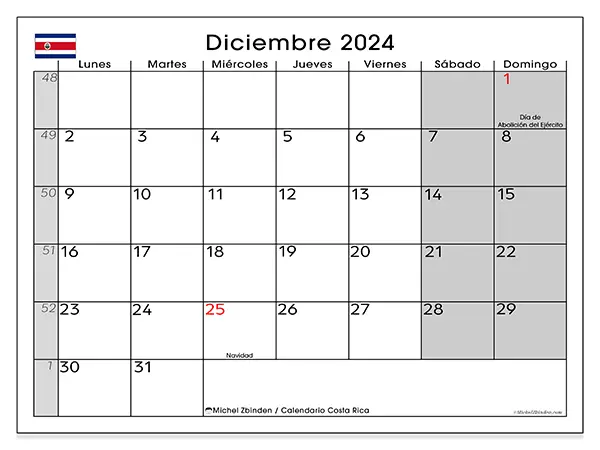 Calendario para imprimir gratis de Costa Rica para diciembre de 2024. Semana : De lunes a domingo.