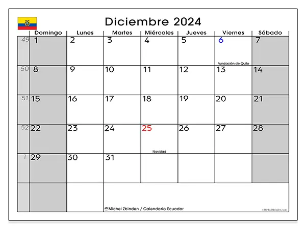 Calendario Ecuador para imprimir gratis de diciembre de 2024. Semana: De domingo a sábado.