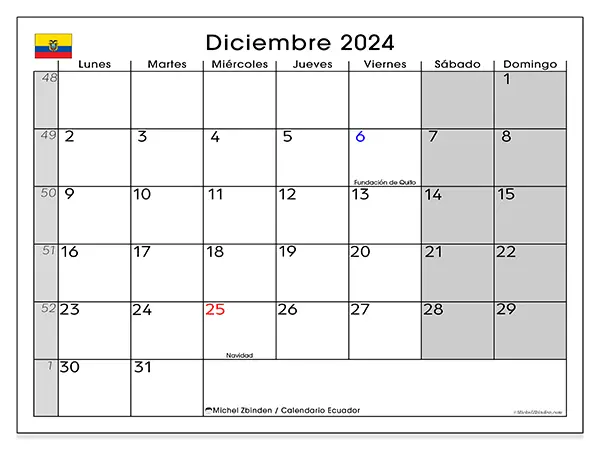 Calendario Ecuador para imprimir gratis de diciembre de 2024. Semana: De lunes a domingo.