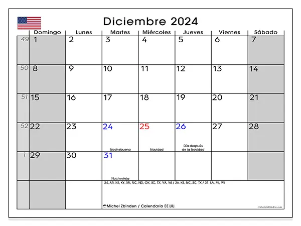 Calendario Estados Unidos para imprimir gratis de diciembre de 2024. Semana: De domingo a sábado.