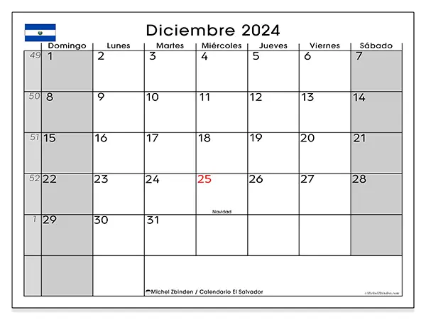 Calendario El Salvador para imprimir gratis de diciembre de 2024. Semana: De domingo a sábado.