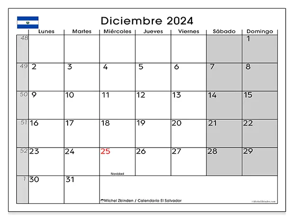 Calendario de El Salvador para imprimir gratis, diciembre 2025. Semana:  De lunes a domingo