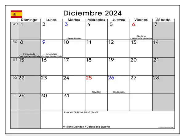 Calendario España para imprimir gratis de diciembre de 2024. Semana: De domingo a sábado.