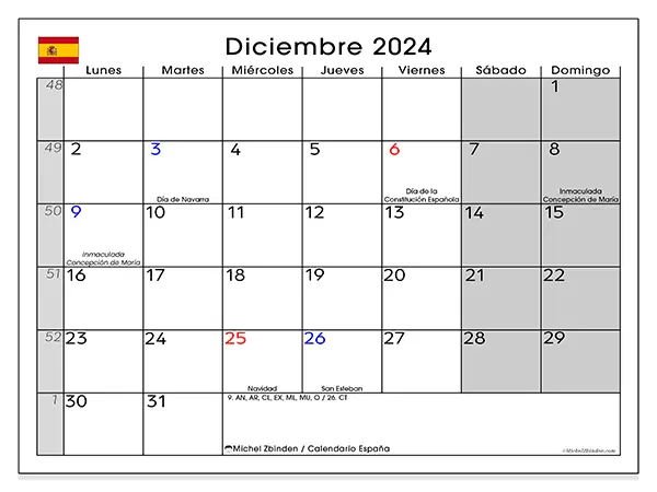 Calendario España para imprimir gratis de diciembre de 2024. Semana: De lunes a domingo.