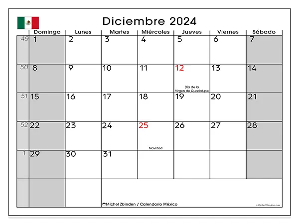Calendario México para imprimir gratis de diciembre de 2024. Semana: De domingo a sábado.