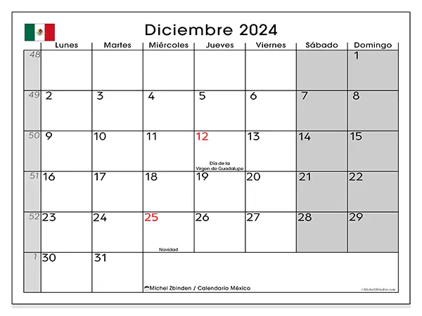 Calendario México para imprimir gratis de diciembre de 2024. Semana: De lunes a domingo.