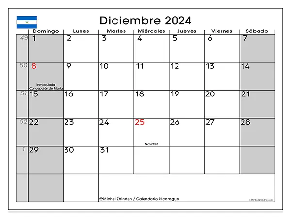 Calendario Nicaragua para imprimir gratis de diciembre de 2024. Semana: De domingo a sábado.
