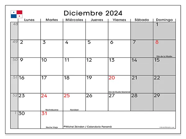 Calendario Panamá para imprimir gratis de diciembre de 2024. Semana: De lunes a domingo.