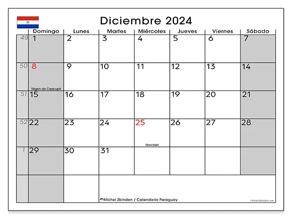 Calendario Paraguay para imprimir gratis de diciembre de 2024. Semana: De domingo a sábado.