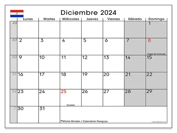 Calendario de Paraguay para imprimir gratis, diciembre 2025. Semana:  De lunes a domingo
