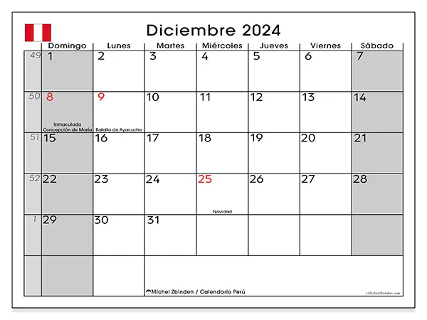 Calendario Perú para imprimir gratis de diciembre de 2024. Semana: De domingo a sábado.