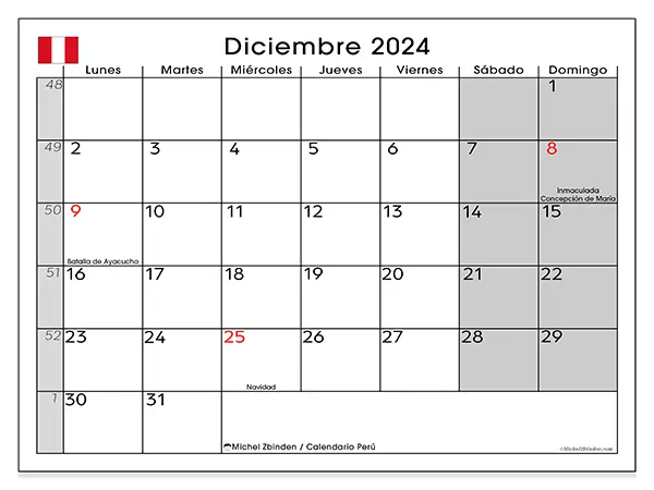 Calendario Perú para imprimir gratis de diciembre de 2024. Semana: De lunes a domingo.
