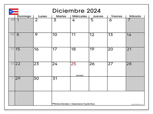 Calendario Puerto Rico para imprimir gratis de diciembre de 2024. Semana: De domingo a sábado.