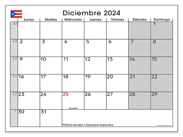 Calendario Puerto Rico para imprimir gratis de diciembre de 2024. Semana: De lunes a domingo.
