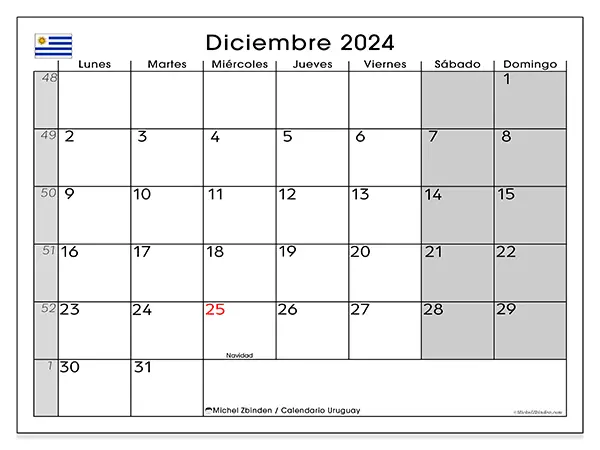 Calendario Uruguay para imprimir gratis de diciembre de 2024. Semana: De lunes a domingo.