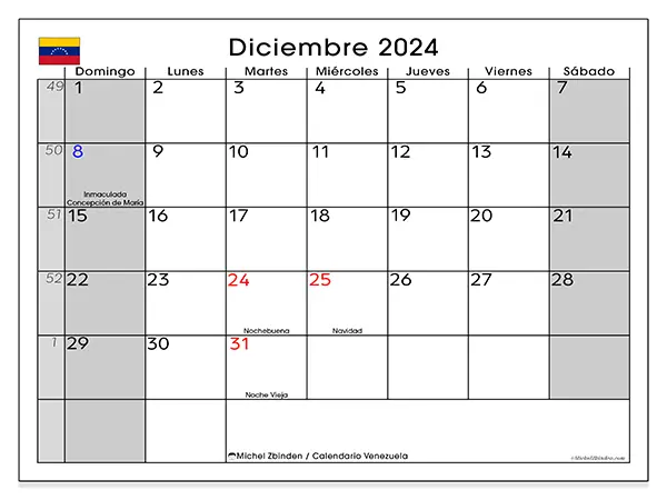 Calendario Venezuela para imprimir gratis de diciembre de 2024. Semana: De domingo a sábado.
