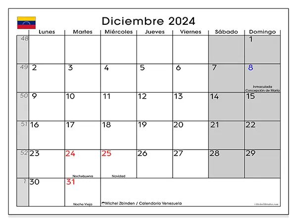 Calendario Venezuela para imprimir gratis de diciembre de 2024. Semana: De lunes a domingo.