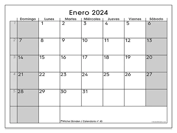 Calendario n.° 43 para imprimir gratis, enero 2025. Semana:  De domingo a sábado