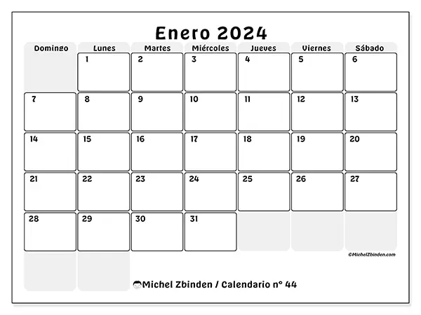 Calendario n.° 44 para imprimir gratis, enero 2025. Semana:  De domingo a sábado
