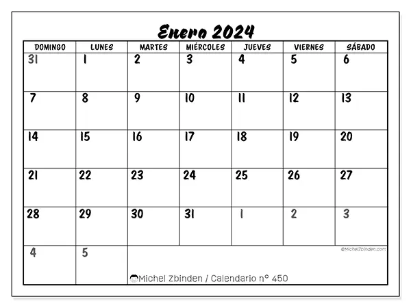 Calendario n.° 450 para imprimir gratis, enero 2025. Semana:  De domingo a sábado