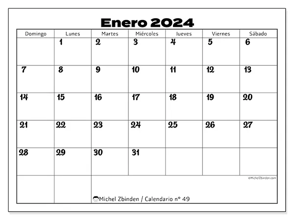 Calendario n.° 49 para imprimir gratis, enero 2025. Semana:  De domingo a sábado