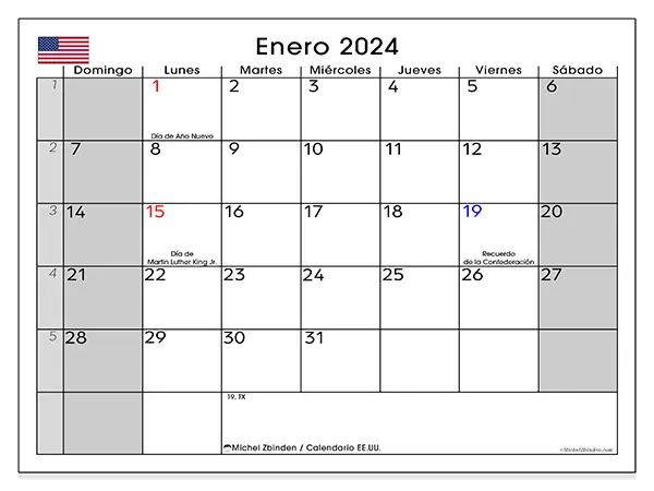 Calendario de Estados Unidos para imprimir gratis, enero 2025. Semana:  De domingo a sábado