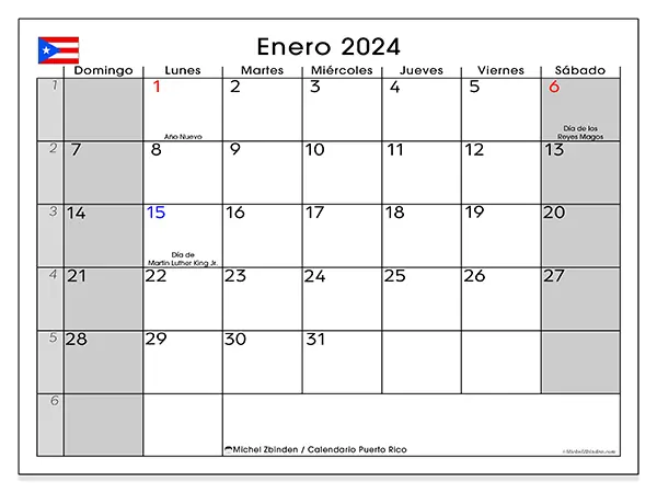 Calendario de Puerto Rico para imprimir gratis, enero 2025. Semana:  De domingo a sábado