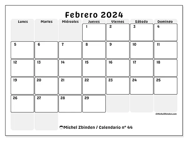 Calendario n.° 44 para imprimir gratis, febrero 2025. Semana:  De lunes a domingo