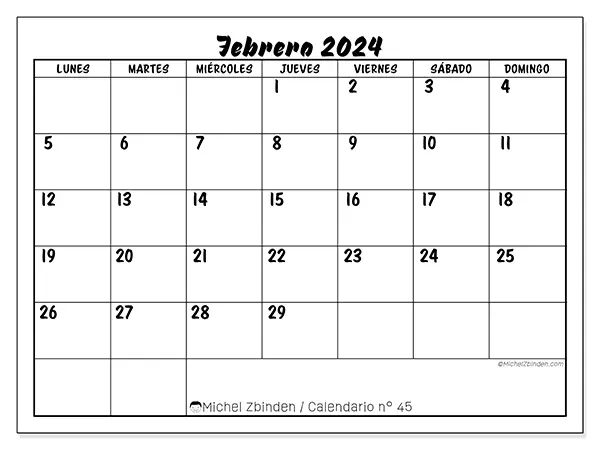 Calendario n.° 45 para imprimir gratis, febrero 2025. Semana:  De lunes a domingo