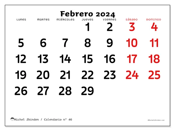 Calendario n.° 46 para imprimir gratis, febrero 2025. Semana:  De lunes a domingo