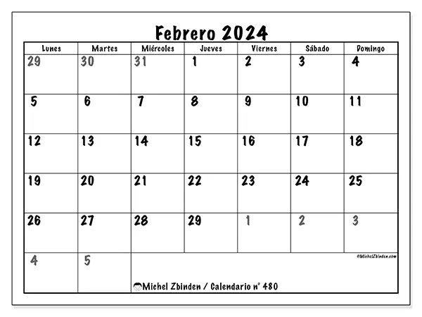 Calendario n.° 480 para imprimir gratis, febrero 2025. Semana:  De lunes a domingo