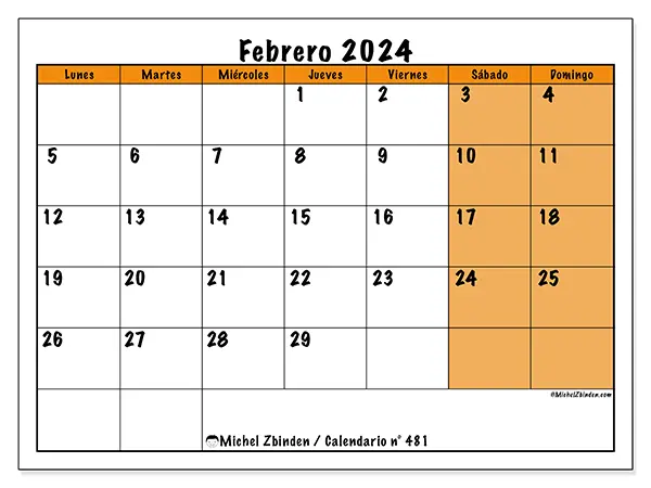 Calendario n.° 481 para imprimir gratis, febrero 2025. Semana:  De lunes a domingo