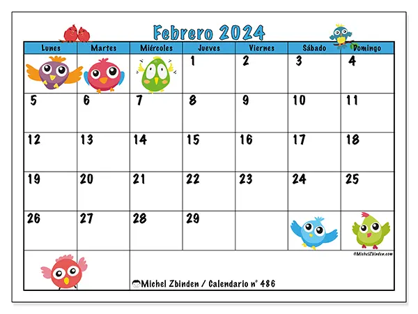 Calendario n.° 486 para imprimir gratis, febrero 2025. Semana:  De lunes a domingo