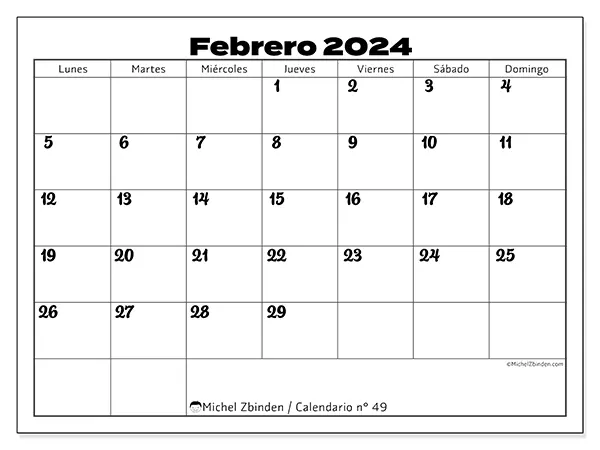Calendario n.° 49 para imprimir gratis, febrero 2025. Semana:  De lunes a domingo