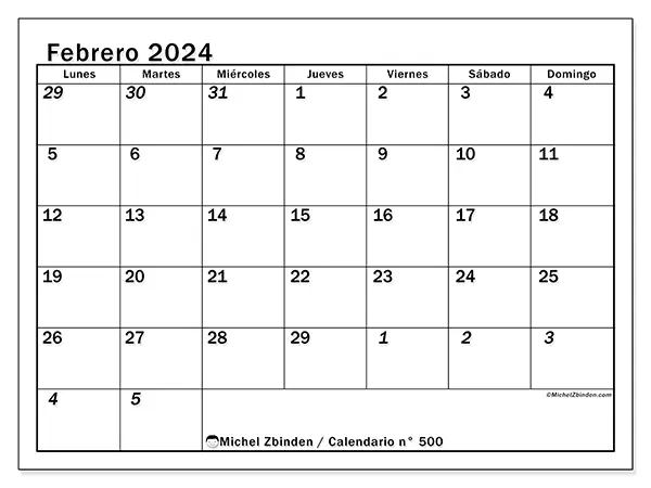 Calendario n.° 500 para imprimir gratis, febrero 2025. Semana:  De lunes a domingo