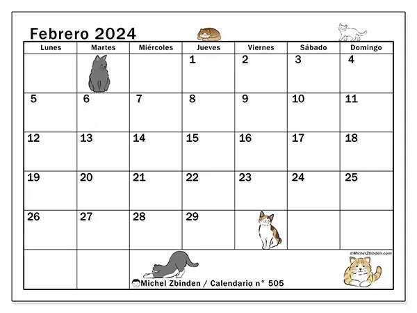 Calendario n.° 505 para imprimir gratis, febrero 2025. Semana:  De lunes a domingo